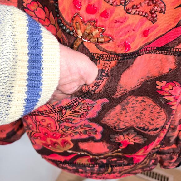 Chico's full zip Cotton sweatshirt beaded floral stretchy jacket XL 16 red brown - Picture 6 of 17